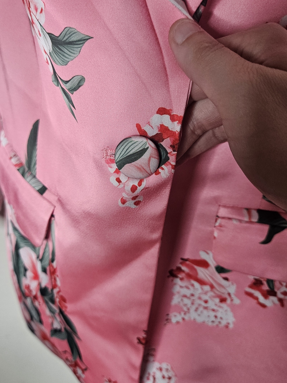 Pink Floral Satin Blazer Jacket Women’s Large Single Button Statement Jacket - Picture 6 of 9
